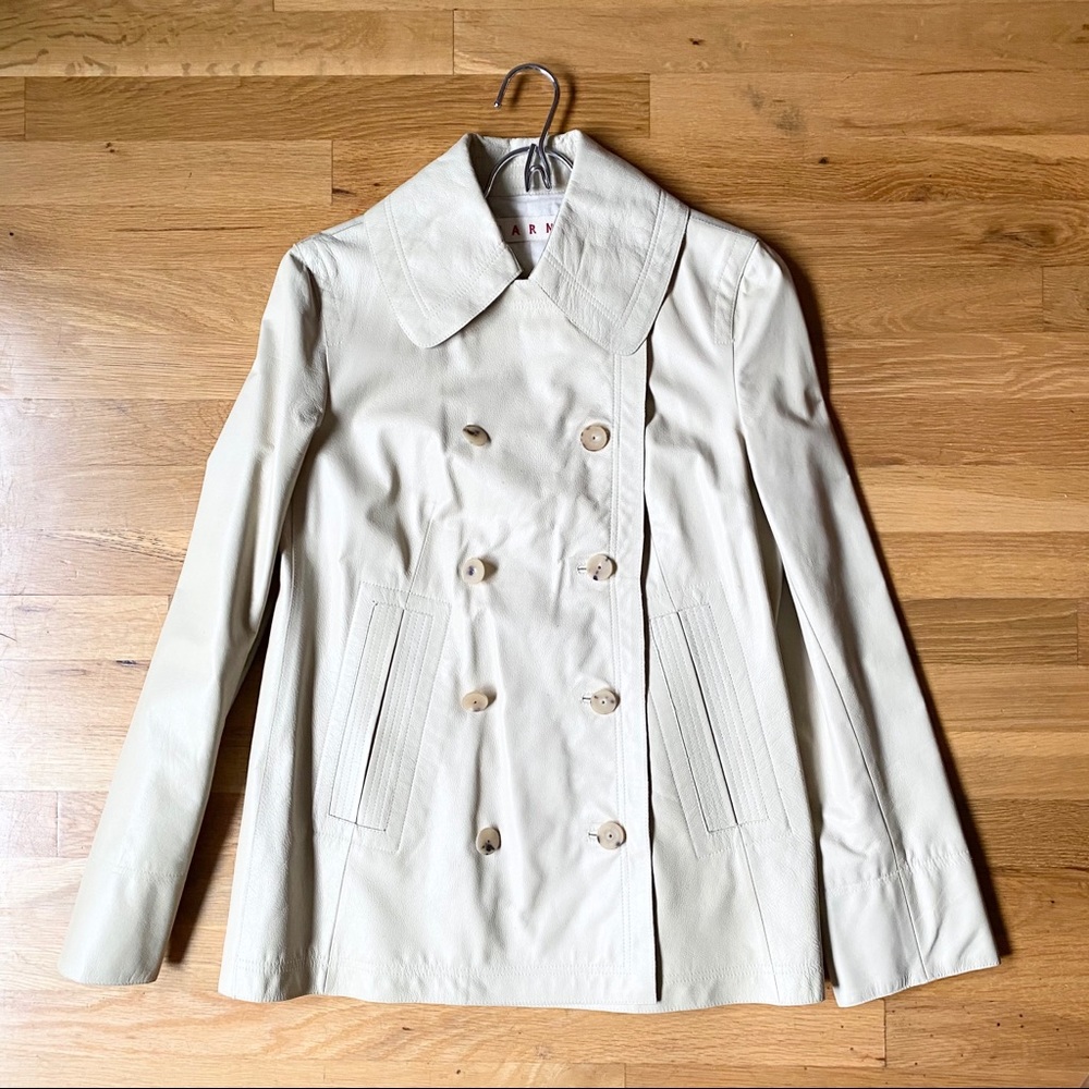 Marni Ivory Leather Pea Coat Jacket Size 42